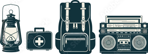 Vintage oil lantern, emergency first aid kit, travel backpack, retro boombox, outdoor adventure essentials, survival gear, nostalgic camping equipment