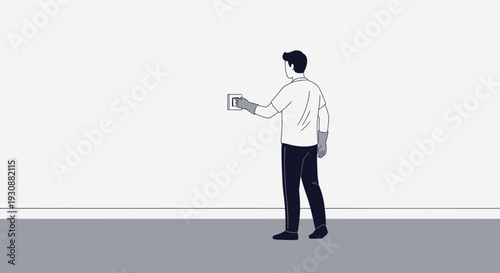 Man Adjusting Light Switch Minimalist Interior Design Scene