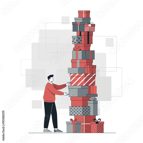 Man Carefully Stacking Up a Tower of Presents Preparing for a Special Celebration Event