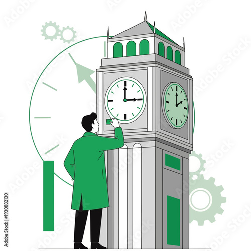Man Adjusting Time On Iconic Clock Tower Landmark Illustrating Precision