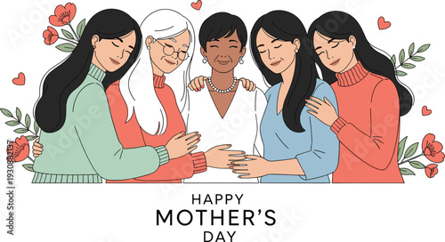 Beautiful diverse multigenerational group of happy women hugging each other to celebrate happy mothers day with red floral background illustration.