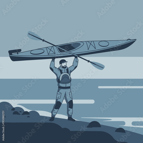 Man Carrying Kayak Over Head On Beach With Water Background