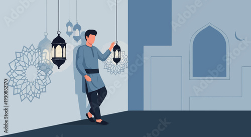 Man Adorns Ramadan Decorations With Intricate Lanterns And Geometric Patterns