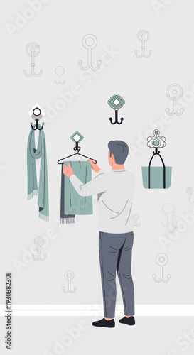 Man Choosing Outfit From Wall Hooks Stylish Wardrobe Organization