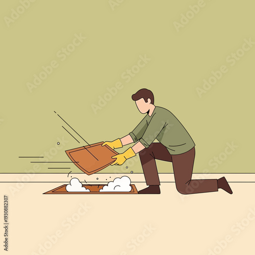 Man Cleaning A Dusty Mat With Gloves On A Softly Colored Background