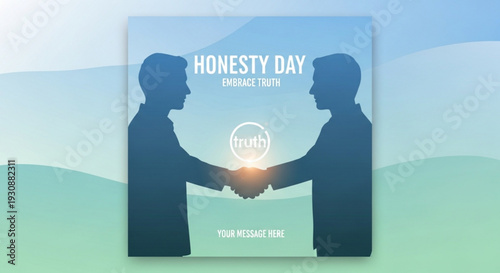 Honesty day theme with two silhouetted people shaking hands over a sunrise