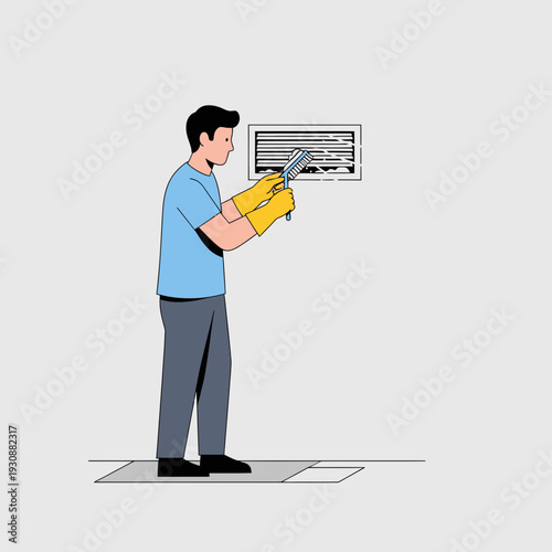Man Cleaning Air Vent With Brush and Gloves Home Maintenance Task