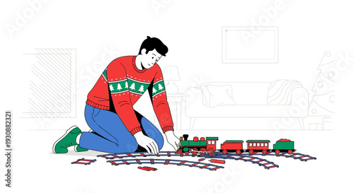 Man Assembling A Toy Train Set With Festive Sweater During The Holidays