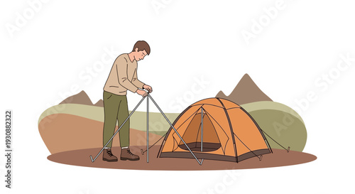 Man Assembling Camping Tent Amidst Scenic Mountain Landscape