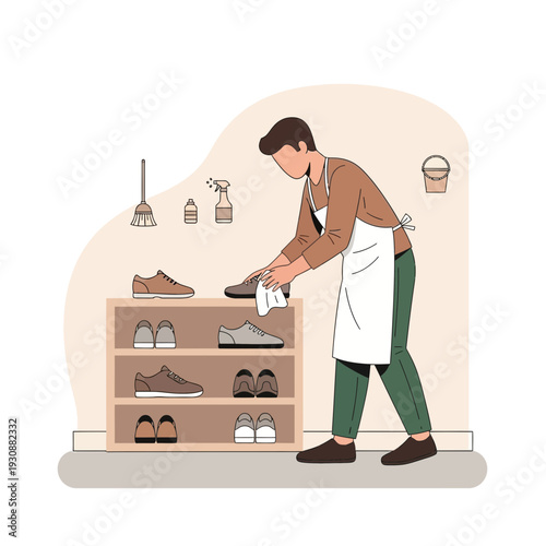 Man Cleaning And Organizing His Shoe Collection At Home