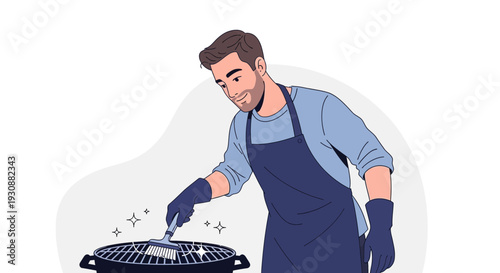 Man Cleaning Barbecue Grill For Outdoor Cooking Preparation And Maintenance