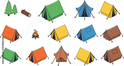 Camping tent collection vector illustration, colorful outdoor shelter set with campfire trees and log, cartoon adventure equipment icons isolated on white