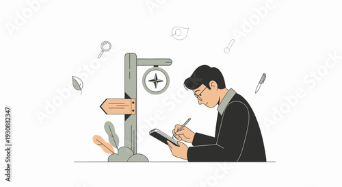 Man At Crossroads Taking Notes Near Signpost With Compass