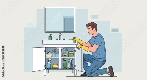 Man Cleaning Bathroom Sink Vanity With Cleaning Supplies Underneath And Mirror