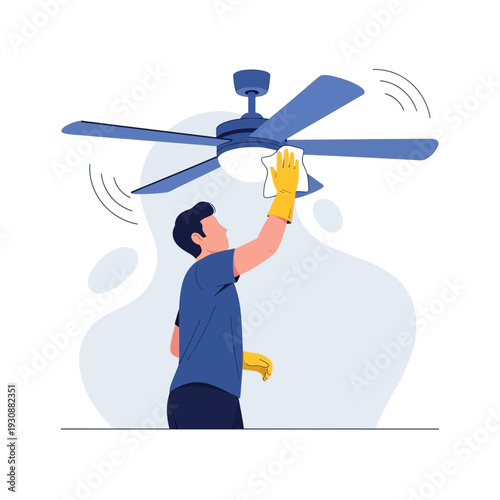 Man Cleaning Ceiling Fan Maintaining Home Cleanliness And Hygiene