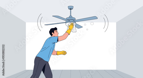 Man Cleaning Ceiling Fan With Cloth Wearing Gloves
