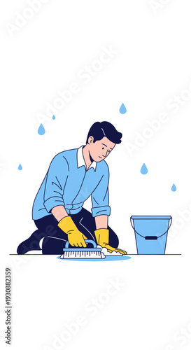 Man Cleaning Floor With Brush And Bucket Routine Household Chores