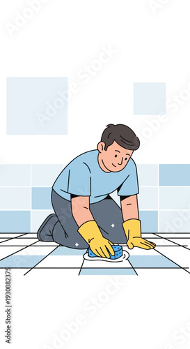 Man Cleaning Floor with Scrub Brush and Gloves