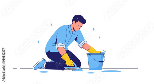 Man Cleaning Floor With Brush And Bucket