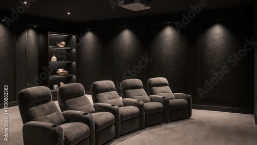 Luxurious home theater with plush recliners, ambient lighting, and a projector