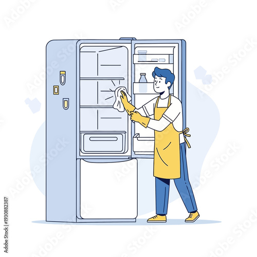 Man Cleaning Inside A Modern Refrigerator With Yellow Gloves And Apron