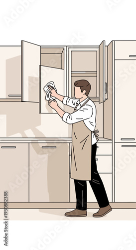 Man Cleaning Kitchen Cabinets Maintaining Home Hygiene Daily Chores