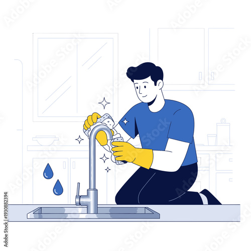 Man Cleaning Kitchen Faucet And Sink With Soap And Sponge Household Chore