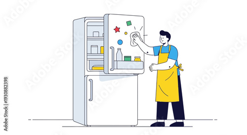 Man Cleaning Refrigerator Interior With Yellow Apron