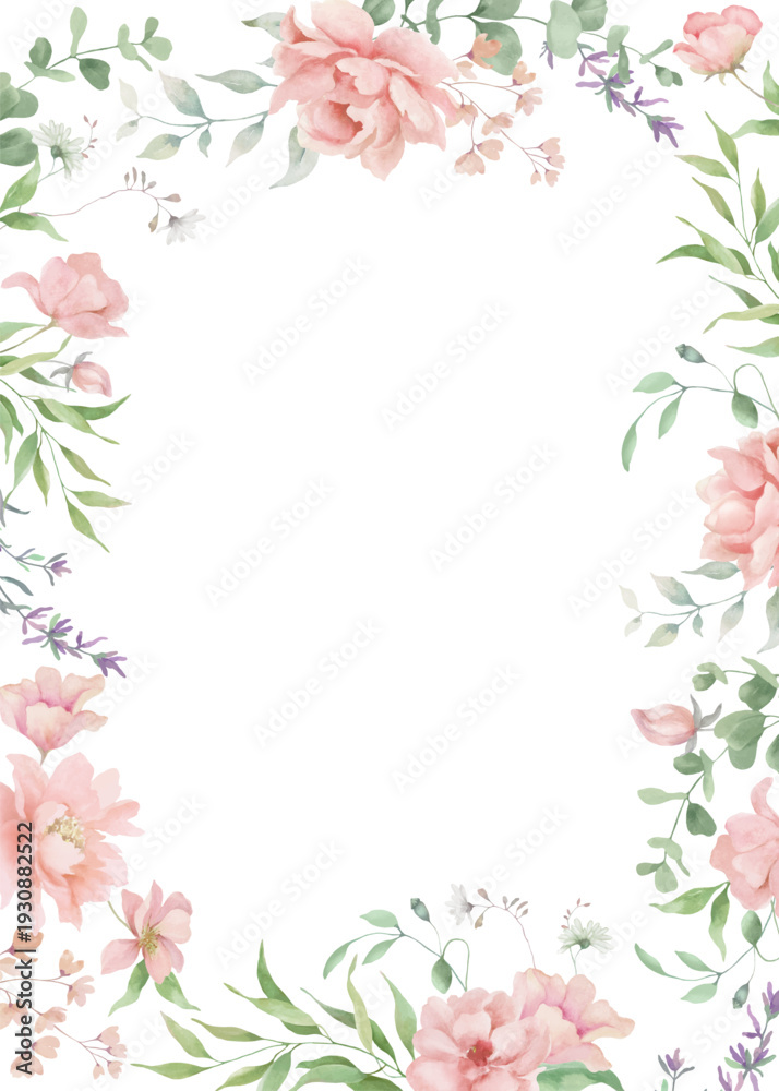 Obraz premium Watercolor Peony Floral Frame with Blush Flowers and Greenery. Hand drawn illustration.. Vector EPS/