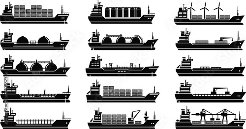 Cargo ship silhouettes set including container tanker LNG and bulk carriers, maritime transport vessels isolated on light background for shipping logistics design