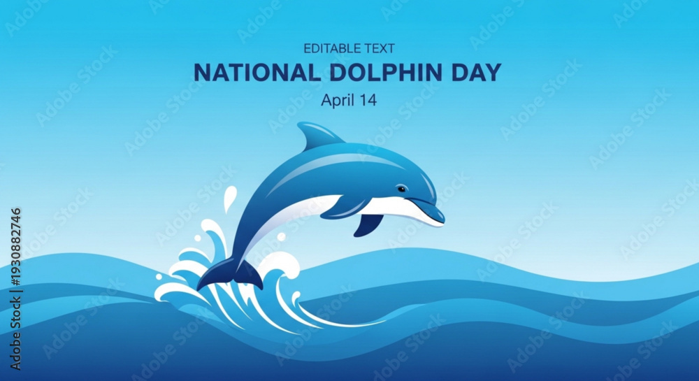 Fototapeta premium Dolphin jumping out of ocean waves on national dolphin day april 14th with editable text