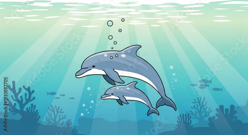 Two dolphins swimming underwater with coral reef and sun rays in ocean