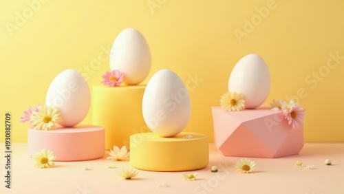 decorated easter eggs displayed on colorful geometric pedestals with small flowers pastel yellow and pink studio background modern editorial still life