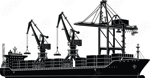 Container cargo ship with port cranes silhouette, maritime freight loading operations isolated on light background for global shipping logistics design
