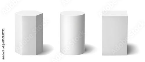 White 3D podium set of cylinder, hexagon and rectangle platforms. Realistic display stands for product presentation, museum exhibits or winner ceremonies. Showroom or studio presentation mockup.