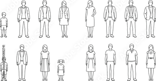 Family members line icons set including men women and children, minimalist outline people collection isolated on light background for infographic design use