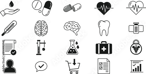 Health and Medical Icon Set Including Pills, Thermometer, Heart, Brain, First Aid, and Wellness Symbols for Healthcare Illustrations