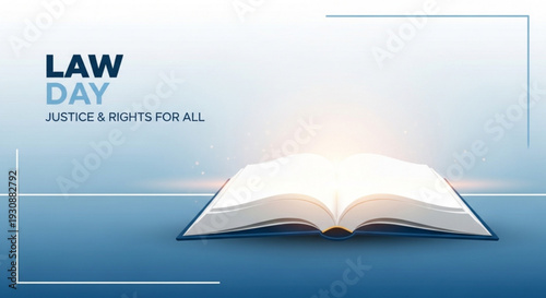 Law day justice rights concept with open book and blue background
