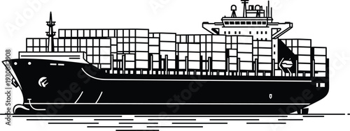 Large container cargo ship side view silhouette with stacked shipping containers, maritime freight transport vessel isolated on light background for logistics design