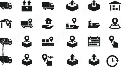 Logistics and delivery icons set including truck shipping warehouse and location symbols, solid black transport collection isolated on light background for business design