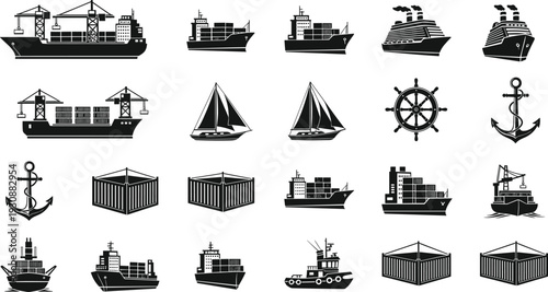 Maritime shipping icons collection with cargo ships containers anchors and sailing boats, black silhouette nautical transport set isolated on light background