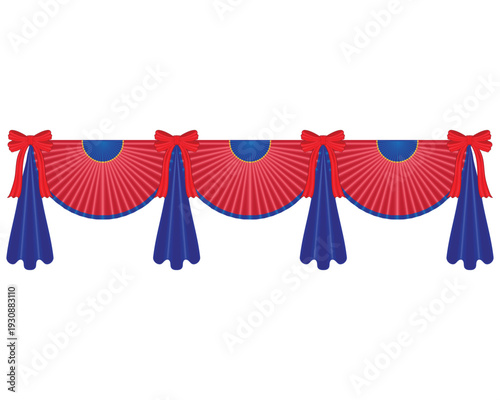 Vector illustration design of a semicircular red curtain with blue cloth elements and red decorative ribbons and is often used as a stage background or long table or pennant