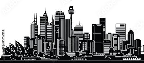 Sydney city skyline silhouette with Opera House and modern skyscrapers, detailed urban Australia landmark illustration isolated on light background for travel design