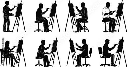 Collection of professional artist silhouettes painting on canvas with palette and easel in various standing and sitting poses for studio