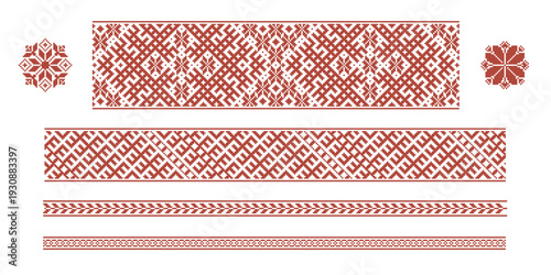 Set of three seamless Latvian folk ornaments in flat style. Traditional ethnic symbols. Decorative repeating patterns in dark red color for textile, branding and packaging design