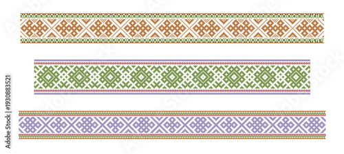 Three Lithuanian sashes featuring traditional ornamental patterns. Rhythmic repeating geometric designs in blue, purple, and black reflect Baltic cultural heritage, textile traditions, and timeless fo