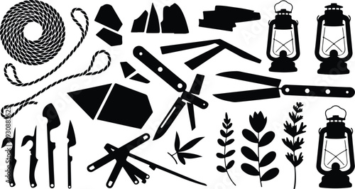 Set of 25 camping tools and icons vector