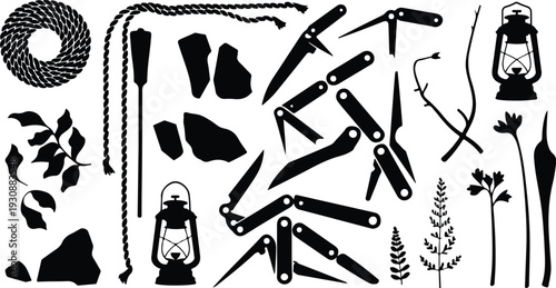 Set of 20 camping tools and equipment icons vector