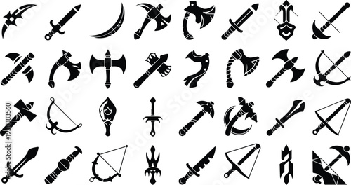 Set of 28 medieval weapons icons vector