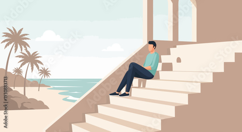 Man Contemplating Tropical Beach Vista From Architectural Steps